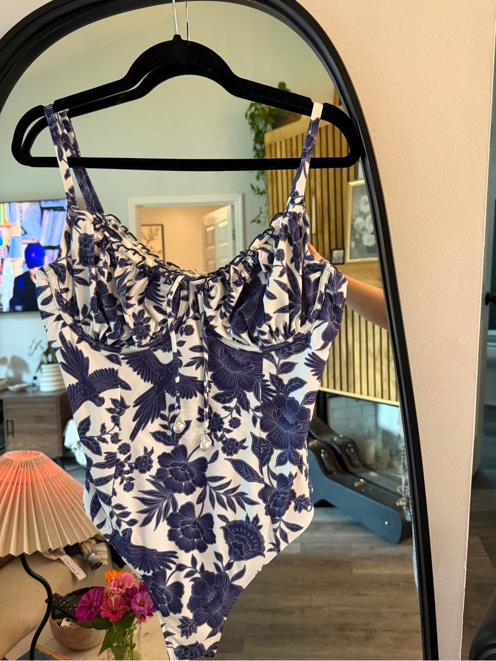 Cupshe Navy Floral One-Piece Swimsuit with Ruching + Pearl tie Detail, new